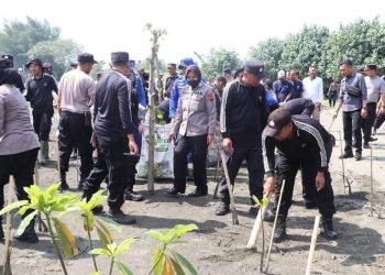 Peduli Lingkungan, Jajaran Polres Pesisir Kendal Bersihkan Sampah Di Pantai Ngebum