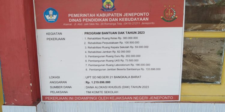 Pembangunan pengerjaan Rehabilitasi Dan Pembangunan Ruang Baru UPT SDN 21 Bangkala Barat Anggaran : Rp 1 M Lebih Tahun Anggaran 2023 Bobot Pekerjaannya Baru  Usai 40 Persen