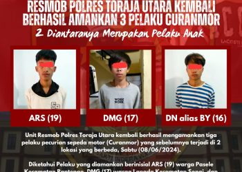 Resmob Polres Toraja Utara Kembali Berhasil Amankan 3 Pelaku Curanmor, 2 Diantaranya Merupakan Pelaku Anak