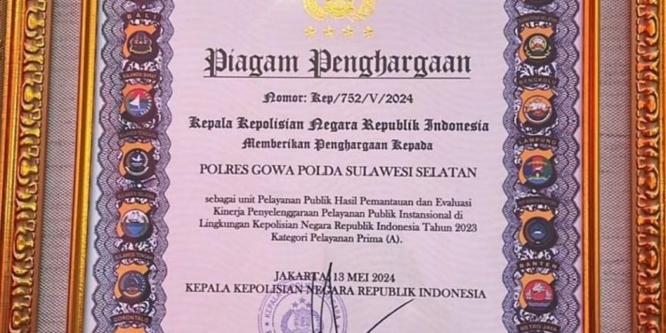 Kapolres Gowa Terima Penghargaan Sebagai Unit Pelayanan Publik Terbaik di Musrenbang Polri 2024