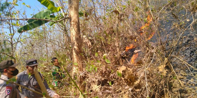 Anggota Polsek Sine Ikut Serta Memadamkan Api di Gunung Liliran Desa Tulakan