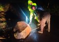 Polisi Ngawi Laksanakan Evakuasi Batu Akibat Longsor di Jalan Raya Sine-Ngrambe